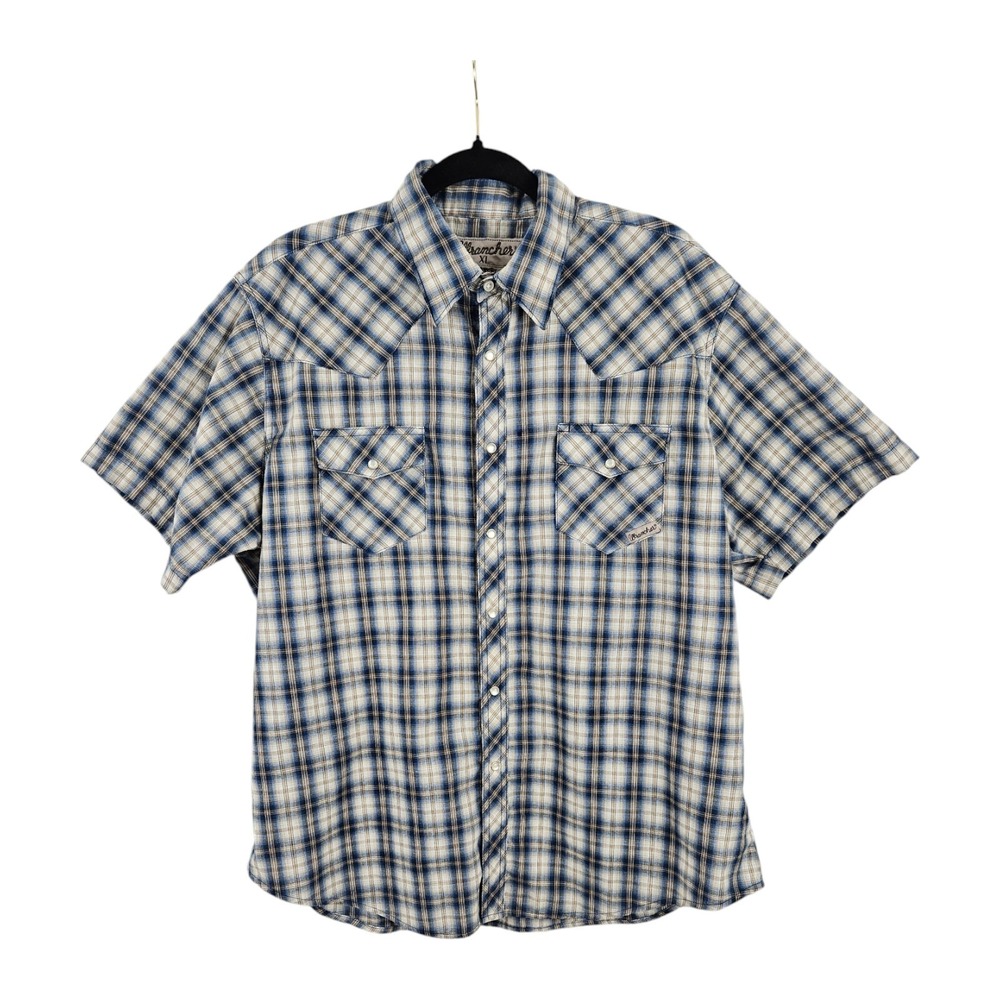 Vintage Mens Wrangler Wrancher Pearl Snap Shirt Size XL Short Sleeve Blue Plaid